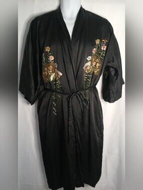 Black Embroidered Silk Kimono Robe - Women Intimates & Sleepwear